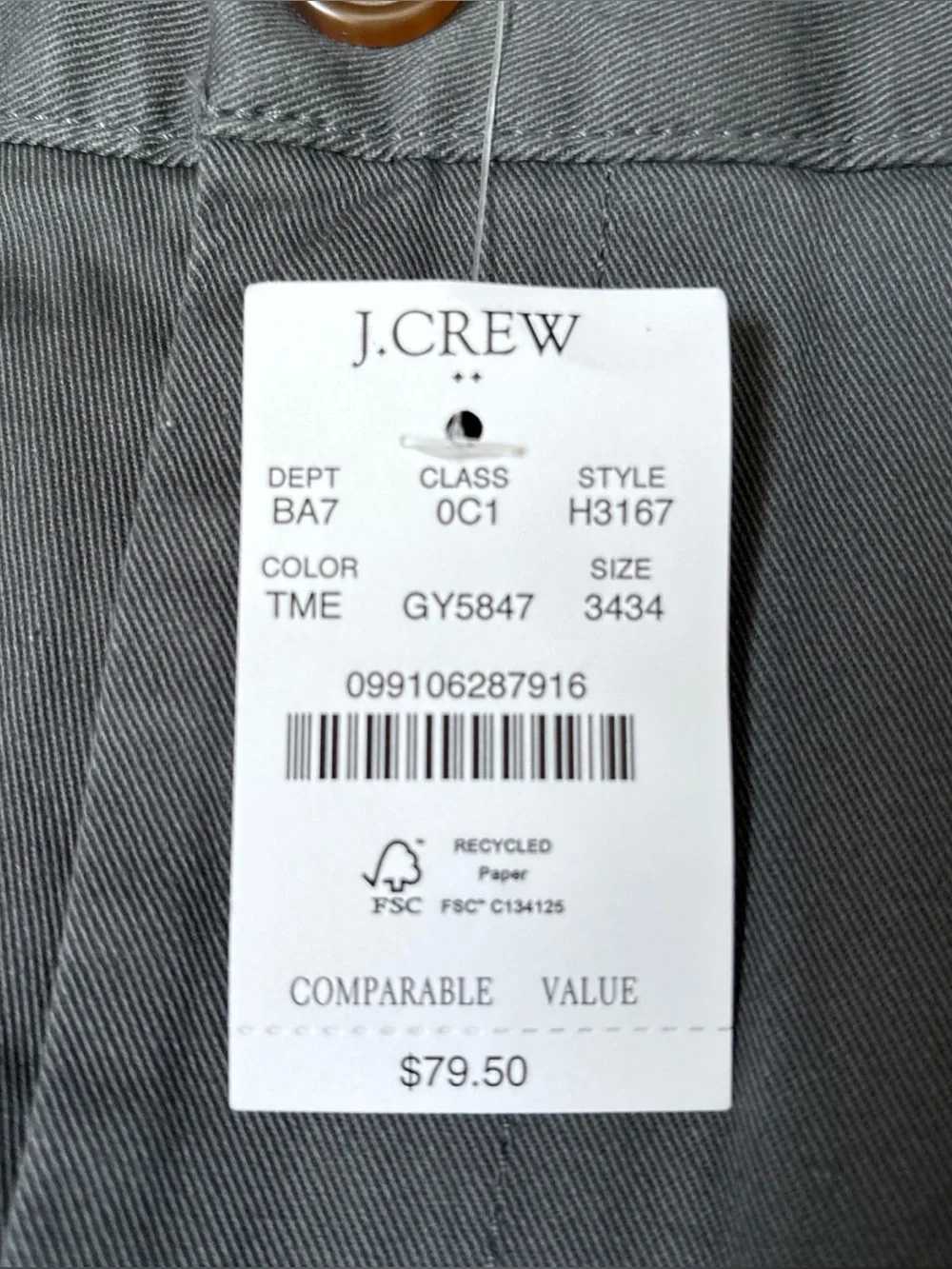 J. Crew Flex Men's Slim Fit Dark Gray Chino Pants, 34x34, NWT